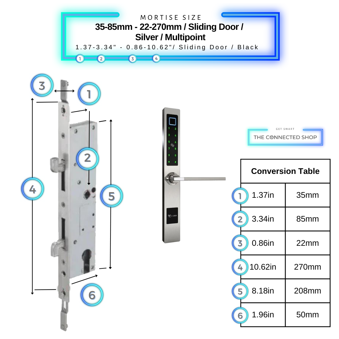 Smart Door Lock Sleek - Silver - 35-85mm (22x270mm) Sliding Door Multipoint