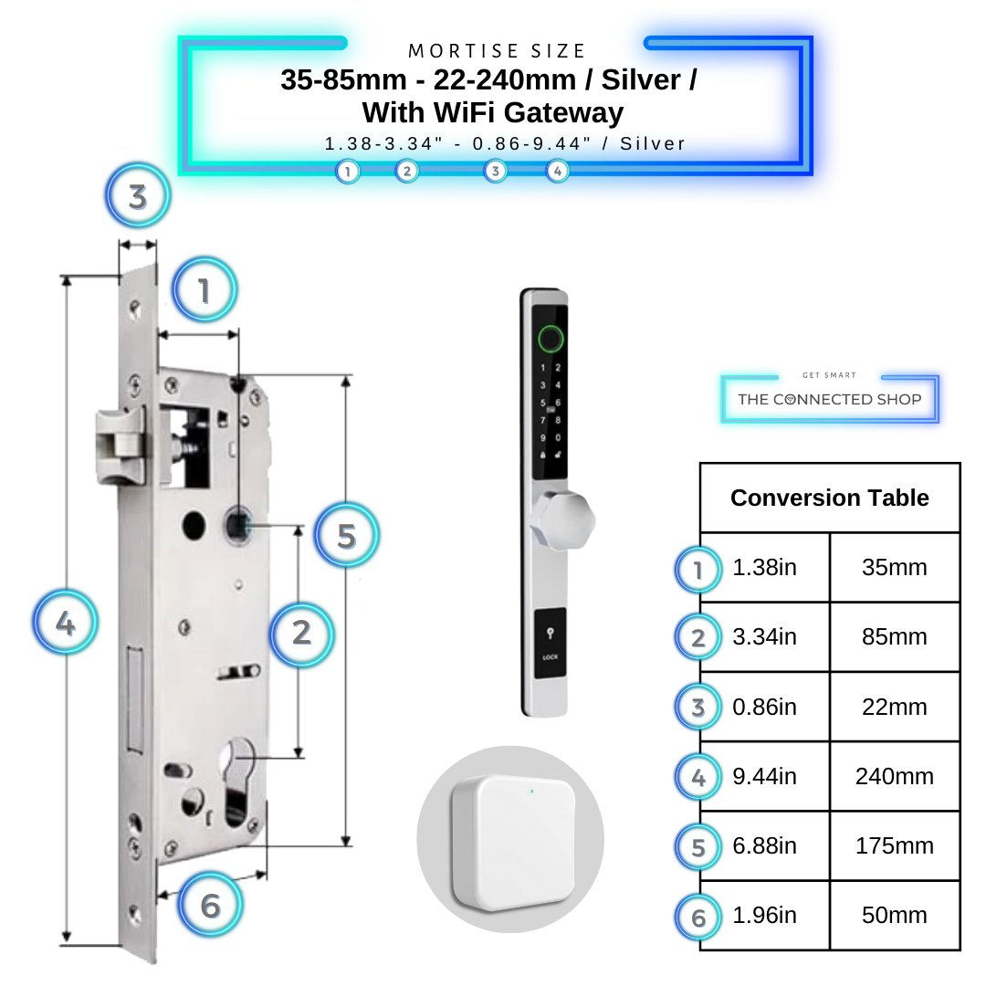 Smart Door Lock Thin - 35-85mm (22x240mm) - Silver - With WiFi Gateway